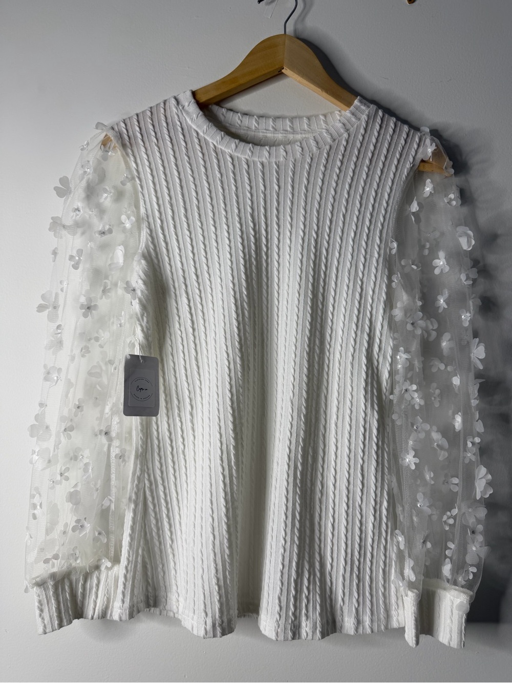 White Floral Appliqué Sleeve Sweater - Women's